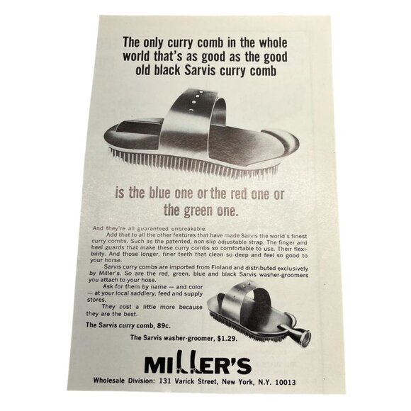 Sarvis Curry Comb Vintage Print Ad 1970s Horse Grooming Millers Wholesale NY - Picture 6 of 6